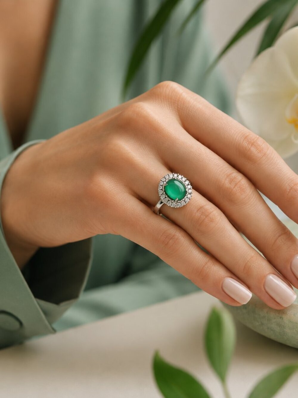 Green Chalcedony CZ Halo ring sterling silver size 9